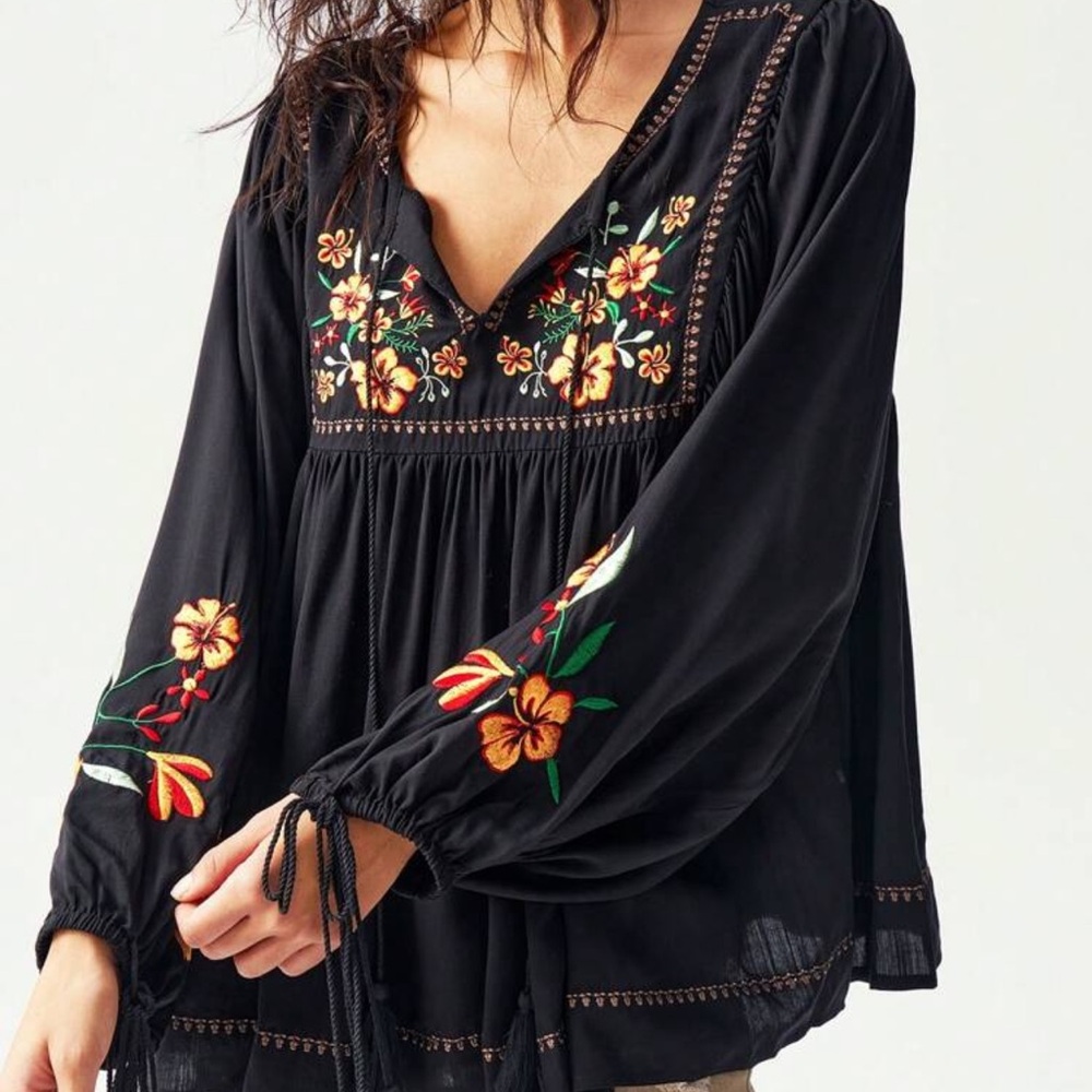 Bohemian Black Embroidered Tie Blouse S M L XL